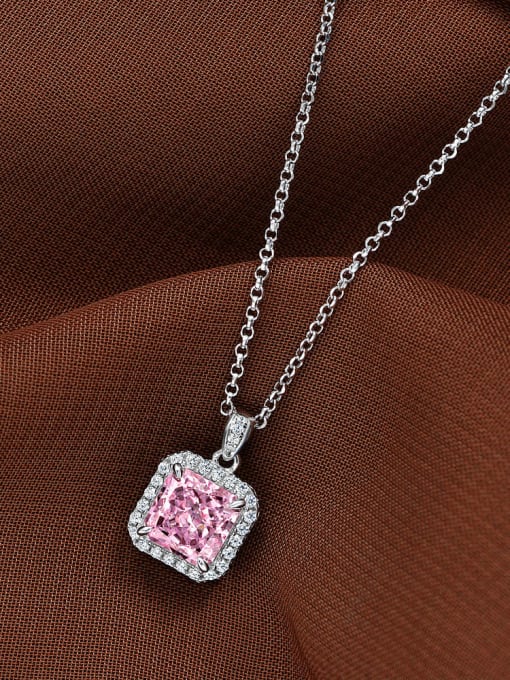 Pink [P 2047] 925 Sterling Silver High Carbon Diamond Square Luxury Necklace